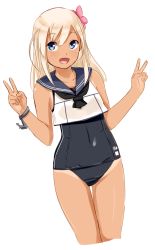 Rule 34 | 10s, 1girl, :d, bad id, bad pixiv id, blonde hair, blue eyes, crop top, cropped legs, double v, flower, hair flower, hair ornament, kantai collection, long hair, ojipon, one-piece swimsuit, open mouth, ro-500 (kancolle), sailor collar, school swimsuit, smile, solo, swimsuit, swimsuit under clothes, tan, tanline, v