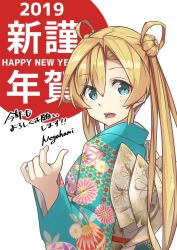 Rule 34 | 1girl, 2019, abukuma (kancolle), aqua kimono, artist name, blonde hair, circle, commentary request, double bun, floral print, hair between eyes, hair bun, hair rings, happy new year, highres, japanese clothes, kantai collection, kimono, long hair, looking at viewer, negahami, new year, print kimono, simple background, solo, upper body, white background