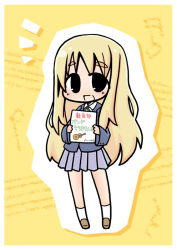 Rule 34 | 1girl, blonde hair, chibi, eyebrows, flyer, guitar, instrument, k-on!, kotobuki tsumugi, luu, school uniform, solo