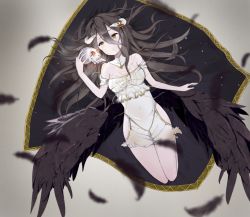 Rule 34 | 1girl, albedo (overlord), black hair, black wings, blurry, breasts, carpet, closed mouth, demon horns, depth of field, detached collar, dress, feathered wings, feathers, from above, full body, hair between eyes, hand up, holding, holding skull, horns, long hair, looking at another, lying, medium breasts, on back, overlord (maruyama), pale skin, sagoshi, short dress, silk, skull, solo, spider web, torn clothes, torn dress, white dress, wings