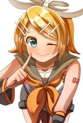 Rule 34 | 1girl, aqua hair, bare shoulders, blonde hair, bow, close-up, collar, commentary, cowboy shot, detached sleeves, finger to cheek, grey collar, grey shorts, grey sleeves, hair bow, hair ornament, hairclip, highres, index finger raised, kagaminao118, kagamine rin, leaning forward, looking at viewer, neckerchief, one eye closed, sailor collar, school uniform, shirt, short hair, short shorts, shorts, shoulder tattoo, sleeveless, sleeveless shirt, smile, solo, swept bangs, tattoo, treble clef, vocaloid, white background, white bow, white shirt, yellow neckerchief