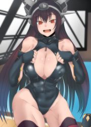 Rule 34 | 10s, 1girl, abs, bare shoulders, black hair, breasts, brown hair, cleavage, cleavage cutout, clothing cutout, curvy, cutting board, dateya torahachi, elbow gloves, covered erect nipples, female focus, front zipper swimsuit, gauntlets, gloves, headgear, highres, kantai collection, large breasts, long hair, looking at viewer, meme attire, nagato (kancolle), one-piece swimsuit, open mouth, red eyes, rei no pool, solo, swimsuit, thighhighs, when you see it, wide hips