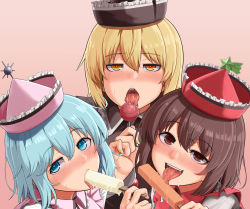 Rule 34 | 3girls, baketsuya, blonde hair, blue eyes, blue hair, blush, brown eyes, brown hair, candy, eating, food, food in mouth, frilled hat, frills, hair between eyes, half-closed eyes, hat, highres, holding, holding candy, holding food, holding lollipop, ice cream, licking, lollipop, looking at viewer, lunasa prismriver, lyrica prismriver, medium hair, melting, merlin prismriver, multiple girls, nose blush, paid reward available, parted bangs, popsicle, saliva, seductive smile, sexually suggestive, siblings, sisters, smile, tongue, tongue out, touhou, yellow eyes