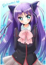 Rule 34 | 1girl, blue eyes, little busters!, long hair, nakamura hinato, purple hair, sasasegawa sasami, school uniform, twintails