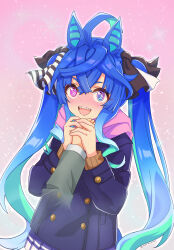 Rule 34 | 1girl, 1other, :d, @ @, ahoge, animal ears, aqua hair, blue coat, blue eyes, blue hair, blush, bow, buttons, coat, commentary request, crossed bangs, disembodied hand, double-breasted, hair bow, hand grab, hands up, heterochromia, highres, horse ears, horse girl, long hair, long sleeves, monmonmur, multicolored hair, open mouth, own hands together, partial commentary, pink background, pink scarf, pleated skirt, purple eyes, scarf, sharp teeth, sidelocks, skirt, smile, solo focus, sparkle, striped bow, teeth, tracen winter coat, twin turbo (umamusume), twintails, twitter username, two-tone hair, umamusume, upper body, upper teeth only, very long hair