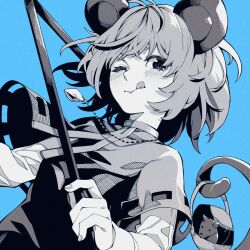 Rule 34 | 1girl, :q, animal ears, basket, blue background, blush, capelet, highres, holding, jewelry, kamabokopic, monochrome, mouse, mouse ears, mouse tail, nazrin, necklace, one eye closed, pendant, short hair, simple background, solo, tail, tongue, tongue out, touhou