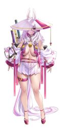 Rule 34 | 1girl, absurdres, animal ears, belt, blush, breasts, detached sleeves, eyepatch, full body, hat, highres, indie virtual youtuber, large breasts, long hair, long sleeves, looking at viewer, multicolored hair, navle, off shoulder, pink belt, pink hair, pleated skirt, pointy breasts, rabbit ears, rabbit girl, red eyes, revealing clothes, sagging breasts, simple background, skirt, smile, solo, thigh strap, thighs, thomasz, two-tone hair, usamasu (vtuber), very long hair, virtual youtuber, white background, white hair, white skirt