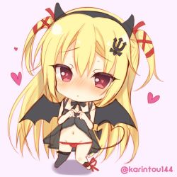 Rule 34 | 1girl, aotsu karin, arihara nanami, asymmetrical legwear, babydoll, bare arms, bare shoulders, black babydoll, black bow, black hairband, black thighhighs, black wings, blonde hair, blush, bow, chibi, demon girl, demon tail, demon wings, fake horns, hair between eyes, hair ornament, hair ribbon, hairband, hands up, heart, heart-shaped pupils, heart hands, heart tail, horns, long hair, looking at viewer, navel, nose blush, pink background, red eyes, red ribbon, ribbon, riddle joker, simple background, single thighhigh, solo, standing, symbol-shaped pupils, tail, thighhighs, twitter username, two side up, underwear, underwear only, uneven legwear, very long hair, wings