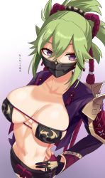 Rule 34 | 1girl, bikini, black gloves, breasts, cleavage, collarbone, eyepatch bikini, from above, gachou, genshin impact, gloves, gradient background, green hair, highres, kuki shinobu, large breasts, long hair, long sleeves, looking at viewer, mask, mouth mask, navel, open clothes, purple background, purple eyes, simple background, solo, swimsuit