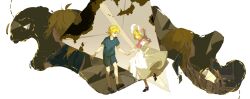 Rule 34 | 1boy, 1girl, absurdres, aqua shirt, ascot, barbed wire, black footwear, blonde hair, blue eyes, blue shorts, brown footwear, burned paper, cardiogram, dress, happy, hat, hat ribbon, high heels, highres, holding hands, hospital gown, irple, kagamine len, kagamine rin, leg up, lying, monitor, on back, paper airplane, pink ascot, pink ribbon, ribbon, shirt, shorts, shuujin/kami hikouki (vocaloid), sick, sleepwear, smile, standing, standing on one leg, striped, sun hat, sundress, vertical stripes, vocaloid, white dress, white headwear