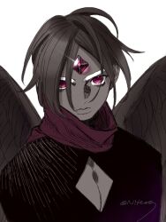 Rule 34 | 1boy, cleavage cutout, closed mouth, clothing cutout, copyright request, feathered wings, forehead jewel, hair over eyes, korean commentary, looking at viewer, monochrome, niteo07, purple eyes, purple scarf, scarf, short hair, simple background, solo, spot color, twitter username, upper body, wings