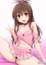 Rule 34 | 1girl, bare arms, bare shoulders, blush, breasts, brown eyes, brown hair, choker, cleavage, commentary, hair ornament, heart, highres, long hair, looking at viewer, navel, open mouth, panties, patreon logo, pink shirt, pink skirt, pleated skirt, shirt, sitting, skirt, small breasts, solo, spread legs, to love-ru, underwear, vahn yourdoom, w, watermark, web address, yuuki mikan