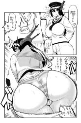 Rule 34 | 10s, 1boy, 1girl, alternate costume, ass, bad id, bad pixiv id, blush, breasts, clothes pull, comic, curvy, embarrassed, greyscale, hat, headgear, highres, huge ass, kantai collection, large breasts, monochrome, nagato (kancolle), panties, pants, pants pull, plump, school uniform, serafuku, stone, striped clothes, striped panties, synecdoche, t-head admiral, tears, thick thighs, thighs, tripping, underwear, wide hips