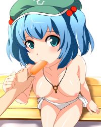 Rule 34 | 1girl, bad id, bad pixiv id, bikini, bikini bottom only, blue eyes, blue hair, blush, breasts, food, hair bobbles, hair ornament, hat, highres, jewelry, kawashiro nitori, key, looking at viewer, mouth hold, navel, nipples, open mouth, pendant, popsicle, sexually suggestive, short hair, side-tie bikini bottom, solo focus, swimsuit, topless, touhou, twintails, two side up, white bikini, yoshimo