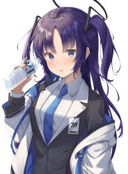 Rule 34 | 1girl, absurdres, black suit, blue archive, blue eyes, blue necktie, blush, bottle, breasts, collared shirt, commentary request, drink, formal, halo, hayaku koko, highres, holding, holding bottle, holding drink, id card, jacket, long hair, long sleeves, medium breasts, necktie, off shoulder, open clothes, open jacket, parted bangs, parted lips, purple hair, shirt, sidelocks, simple background, solo, suit, two-sided fabric, two-sided jacket, two side up, upper body, water bottle, white background, white shirt, yuuka (blue archive)