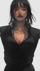 Rule 34 | 1girl, black dress, black hair, blood, blood on chest, blood on face, blunt bangs, commentary request, crying, crying with eyes open, dress, hana minami, highres, long hair, long sleeves, nico robin, one eye closed, one piece, open mouth, solo, tears, teeth