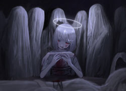 Rule 34 | 1girl, 5others, absurdres, angel, blood, blood on clothes, blood on face, bob cut, halo, highres, holding limb, horror (theme), multiple others, original, red eyes, sakiika0513, white hair