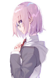 Rule 34 | 1girl, :o, absurdres, black-framed eyewear, commentary request, fate/grand order, fate (series), fingernails, from side, glasses, grey jacket, highres, hood, hood down, hooded jacket, jacket, long sleeves, looking at viewer, mash kyrielight, multicolored clothes, multicolored jacket, necktie, own hands together, pink hair, profile, purple eyes, red necktie, short hair, simple background, solo, tsukudani (ore624), two-tone jacket, white background, white jacket