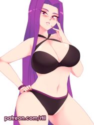 Rule 34 | 1girl, bare arms, bikini, black bikini, blush, breasts, commentary, contrapposto, fate/stay night, fate (series), fingernails, hand on own hip, hand on own cheek, hand on own face, highres, large breasts, long fingernails, long hair, medusa (fate), medusa (rider) (fate), navel, pants, parted lips, purple eyes, purple hair, rtil, simple background, solo, swimsuit, very long hair, white background, wristband