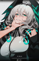 Rule 34 | 1girl, absurdres, aqua eyes, aqua wings, arknights, belt, between breasts, black belt, blush, breasts, coat, disembodied hand, dress, feathered wings, grey background, grey hair, grin, hachisan, hair between eyes, hand on another&#039;s face, head wings, highres, ho&#039;olheyak (arknights), holding another&#039;s arm, infection monitor (arknights), large breasts, long coat, long sleeves, looking at viewer, open clothes, open coat, short hair, sidelocks, smile, solo, strap between breasts, upper body, white dress, wings