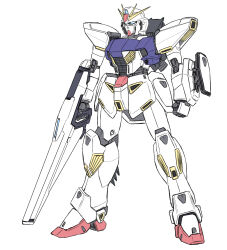 Rule 34 | blue eyes, clenched hand, f91 gundam, full body, gun, gundam, gundam f91, highres, holding, holding gun, holding weapon, mecha, mituo sakinori, mobile suit, no humans, robot, science fiction, simple background, solo, standing, v-fin, weapon, white background