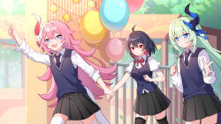 Rule 34 | 3girls, :d, ahoge, balloon, black hair, black necktie, black skirt, black vest, blue eyes, blue vest, bow, bowtie, chinese commentary, closed mouth, collared shirt, gou lianlian dogface, green hair, hair between eyes, handshake, highres, holding, holding balloon, holding hands, honkai (series), honkai impact 3rd, horns, liliya olenyeva, long hair, long sleeves, looking at viewer, multiple girls, necktie, open mouth, outdoors, pink hair, pleated skirt, pointing, polo shirt, red bow, red eyes, red hair, rozaliya olenyeva, school uniform, seele (alter ego), seele vollerei, shirt, short hair, short sleeves, siblings, single horn, sisters, skirt, smile, summer uniform, sweater vest, tail, thighhighs, tree, twins, v, vest, white shirt