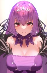 Rule 34 | 1girl, bare shoulders, blush, breasts, cleavage, detached collar, dress, fate/grand order, fate (series), feather trim, hair between eyes, highres, jewelry, large breasts, long hair, long sleeves, looking at viewer, pendant, purple dress, purple hair, red eyes, scathach (fate), scathach skadi (fate), smile, solo, tiara, yamamura umi