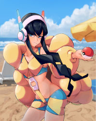 Rule 34 | 1girl, 2049 (hh5566), beach, beach umbrella, black hair, blue eyes, blunt bangs, blush, breasts, closed mouth, cloud, coat, collarbone, commentary request, cowboy shot, creatures (company), day, elesa (pokemon), eyelashes, game freak, hand up, headphones, highres, holding, holding poke ball, korean commentary, long hair, long sleeves, looking at viewer, medium breasts, midriff, nintendo, open clothes, open coat, outdoors, poke ball, poke ball (basic), pokemon, pokemon bw2, sand, shore, short hair with long locks, sidelocks, sky, smile, solo, standing, umbrella, water, yellow coat