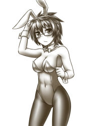 Rule 34 | 1girl, animal ears, aussa the earth charmer, bow, bowtie, breasts, cleavage, duel monster, fake animal ears, glasses, monochrome, pantyhose, pataneet, playboy bunny, rabbit ears, short hair, solo, wrist cuffs, yu-gi-oh!, yu-gi-oh! duel monsters