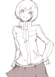 Rule 34 | 1girl, absurdres, atlus, bad id, bad pixiv id, grin, hand on own hip, highres, jacket, looking at viewer, monochrome, persona, persona 4, satonaka chie, school uniform, scottie (phantom2), short hair, sketch, skirt, smile, solo, track jacket, unmoving pattern