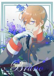 Rule 34 | 1boy, artist name, black jacket, blue eyes, blue flower, book, brown hair, bruno von granzreich, character name, chocky (964605886), collared jacket, falling petals, floral background, flower, framed, glasses, gloves, gradient background, hair between eyes, hand on own chin, holding, holding book, holding quill, jacket, looking at viewer, male focus, open book, oushitsu kyoushi heine, parted lips, petals, quill, semi-rimless eyewear, shirt, short hair, sleeve cuffs, solo, upper body, white background, white gloves, white shirt