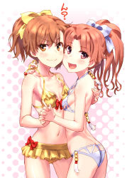 Rule 34 | 2girls, :d, alternate hairstyle, ass, bare arms, bare shoulders, bikini, blush, bow, breasts, brown eyes, brown hair, butt crack, cleavage, collarbone, cowboy shot, flat ass, frilled bikini, frills, hair bow, halftone, halftone background, hand on another&#039;s back, index finger raised, looking at viewer, misaka mikoto, multiple girls, open mouth, parted bangs, pink eyes, purple bikini, purple bow, raika9, red bow, red hair, shirai kuroko, small breasts, smile, standing, swimsuit, tareme, tassel, toaru kagaku no railgun, toaru majutsu no index, untying, v-shaped eyebrows, wavy mouth, yellow bikini, yellow bow