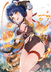 Rule 34 | 1girl, @ @, absurdres, armpits, belt, blue hair, blush, boots, breasts, brown belt, brown leotard, burnt clothes, fingerless gloves, fire, genshin impact, gloves, guoba (genshin impact), highres, holding, holding polearm, holding weapon, itohana, leotard, looking at viewer, medium breasts, navel, open mouth, orange eyes, polearm, short hair, slime (genshin impact), stomach, sweat, tears, thigh strap, thighs, torn clothes, underboob, wardrobe malfunction, weapon, xiangling (genshin impact)