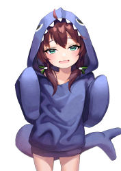 Rule 34 | 1girl, absurdres, ahoge, alternate costume, alternate hairstyle, animal costume, animal hood, aqua eyes, blush, brown hair, cat hair ornament, cowboy shot, fangs, fins, fish tail, hair ornament, highres, hololive, hood, ilasu more, looking at viewer, low twintails, natsuiro matsuri, open mouth, shark costume, shark hood, shark tail, simple background, sleeves past fingers, sleeves past wrists, solo, tail, twintails, virtual youtuber, white background