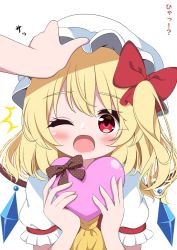 Rule 34 | 1boy, 1girl, ascot, blonde hair, blush, bow, box, crystal, flandre scarlet, g4ku, gift, hair bow, hands up, happy, hat, heart-shaped box, highres, holding, holding box, holding gift, long hair, mob cap, one eye closed, one side up, open mouth, pov, pov hands, puffy short sleeves, puffy sleeves, red bow, red eyes, red vest, short sleeves, smile, solo focus, touhou, translation request, upper body, valentine, vest, white headwear, wings, yellow ascot