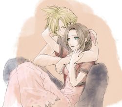 Rule 34 | 1boy, 1girl, aerith gainsborough, amemori 0207, baggy pants, bare arms, blonde hair, blue pants, blue shirt, braid, braided ponytail, breasts, brown hair, closed eyes, cloud strife, couple, cropped jacket, dress, feet out of frame, final fantasy, final fantasy vii, final fantasy vii remake, green eyes, hair between eyes, hair ribbon, hand in another&#039;s hair, hand on another&#039;s arm, highres, hug, hug from behind, jacket, long dress, long hair, medium breasts, pants, parted bangs, pink dress, pink ribbon, red jacket, ribbon, shirt, short hair, short sleeves, sidelocks, sleeveless, sleeveless turtleneck, spiked hair, turtleneck