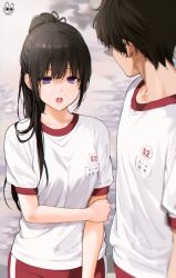 Rule 34 | 1boy, 1girl, :o, black hair, brown hair, chitanda eru, gym uniform, hand on own arm, highres, hyouka, long hair, looking at another, mery (yangmalgage), open mouth, oreki houtarou, outdoors, pants, ponytail, purple eyes, red pants, red shorts, shirt, short sleeves, shorts, teeth, translation request, upper teeth only, white shirt