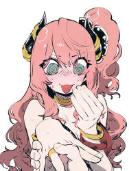 Rule 34 | 1girl, @ @, blush, bracelet, breasts, cleavage, fingernails, foreshortening, full-face blush, green eyes, hand up, highres, horns, jewelry, long hair, pink hair, princess connect!, ring, simple background, solo, ssambatea, suzuna (princess connect!), sweat, tongue, tongue out, upper body, wedding band, white background