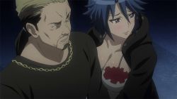 Rule 34 | 1boy, 1girl, animated, animated gif, between breasts, blue eyes, blue hair, blush, breasts, cleavage, closed eyes, hitsugi sayo, jacket, large breasts, open mouth, scared, screencap, smile, tears, triage x