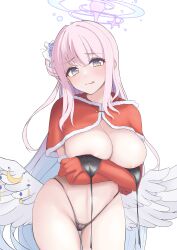 Rule 34 | 1girl, absurdres, angel wings, areola slip, bikini, blue archive, blue flower, blush, breasts, capelet, christmas, cleavage, closed mouth, clothing cutout, commentary request, covering breasts, covering privates, crescent, elbow gloves, feathered wings, female pubic hair, flower, frilled ribbon, frills, gloves, gradient hair, groin, hair bun, hair flower, hair ornament, hair ribbon, halo, heart cutout, highleg, highleg bikini, highres, huge breasts, licking lips, long hair, looking at viewer, low wings, micro bikini, mika (blue archive), mismatched pubic hair, multicolored hair, murasame (jhrdtc), naughty face, navel, pink halo, pink lips, pubic hair, purple pubic hair, red capelet, red gloves, ribbon, simple background, single side bun, smile, solo, stomach, swimsuit, thighs, tongue, tongue out, two-tone hair, untied bikini top, white background, white ribbon, white wings, wings, yellow eyes