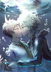 Rule 34 | 2boys, absurdres, air bubble, brown eyes, bubble, commentary request, cosplay, danganronpa (series), danganronpa 2: goodbye despair, eye contact, from side, gradient hair, green jacket, grey hair, highres, hinata hajime, hinata hajime (awakened), hinata hajime (cosplay), hood, hooded jacket, jacket, kiss, komaeda nagito, long sleeves, looking at another, male focus, multicolored hair, multiple boys, necktie, open clothes, open jacket, shirt, short hair, spoilers, tuteurfars shin, underwater, upper body, white hair, white shirt, yaoi, yellow eyes