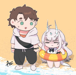 Rule 34 | 1boy, 1girl, :i, ahoge, arms at sides, azu (kirara310), bag, baggy pants, beach, black bag, black pants, blank eyes, brown hair, chibi, clothes grab, dragon girl, dragon horns, dragon tail, fanny pack, fate/grand order, fate (series), forked eyebrows, fujimaru ritsuka (male), fujimaru ritsuka (male) (summer street), gradient hair, green eyes, hand up, highres, hood, hoodie, horns, innertube, long hair, looking at another, looking down, melusine (fate), melusine (swimsuit ruler) (fate), melusine (swimsuit ruler) (second ascension) (fate), multicolored hair, ocean, one-piece swimsuit, open mouth, orange shirt, outdoors, pants, sand, shirt, shoes, short hair, short sleeves, signature, sleeve grab, smile, standing, striped innertube, sweatdrop, swim ring, swimsuit, tail, watch, water, white footwear, white hair, white hoodie, white one-piece swimsuit, wristwatch, yellow innertube