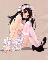 Rule 34 | 1girl, apron, arm support, black footwear, black hair, blush, breasts, female focus, frilled apron, frills, full body, glasses, knees up, lace, legs, long hair, long legs, looking at viewer, looking to the side, maid, maid apron, medium breasts, original, parted lips, rimless eyewear, shadow, shoes, sideboob, sitting, skirt, solo, straight hair, takamura kazuhiro, thighhighs, topless, white thighhighs