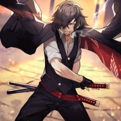 Rule 34 | 1boy, alternate costume, black hair, black pants, black vest, blouse, cigarette, collared shirt, cowboy shot, fate/grand order, fate (series), fighting stance, hair over one eye, highres, jacket, jacket on shoulders, katana, koha-ace, long hair, looking at viewer, male focus, okada izou (fate), pants, partially unbuttoned, ready to draw, sheath, shirt, sleeves rolled up, smile, smoke, smoking, solo, sword, unsheathing, vest, weapon, white shirt, yoshio (55level)