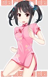 Rule 34 | &gt;:d, 10s, 1girl, :d, black hair, blush, breasts, brown eyes, bun cover, china dress, chinese clothes, clenched hand, cowboy shot, double bun, dress, eyebrows, fighting stance, grey background, idolmaster, idolmaster cinderella girls, leg up, looking at viewer, nakano yuka, oga raito, open mouth, pink dress, red footwear, red ribbon, ribbon, shoes, short hair, short sleeves, short twintails, side slit, simple background, smile, solo, standing, standing on one leg, tareme, thighs, twintails, v-shaped eyebrows