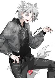 Rule 34 | 1girl, ambience synesthesia, animal ears, arknights, black hoodie, black nails, black pants, bracelet, commentary, dog tags, grey eyes, grey hair, grey jacket, hair ornament, hairclip, hashtag-only commentary, highres, hood, hoodie, jacket, jewelry, lappland (arknights), long sleeves, looking at viewer, molu stranger, necklace, open clothes, open jacket, open mouth, pants, sharp teeth, short hair, simple background, slit pupils, solo, tail, teeth, white background, wolf ears, wolf girl, wolf tail