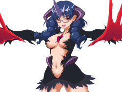 Rule 34 | 1girl, black skirt, blue hair, braid, breasts, dark persona, glasses, gloves, go! princess precure, horns, long hair, low twintails, microskirt, nanase yui, navel, outstretched hand, precure, prehensile hair, red eyes, red gloves, revealing clothes, semi-rimless eyewear, skirt, solo, suzu-batsu, twin braids, twintails, alternate universe, white background