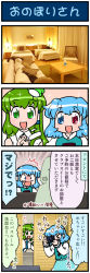 Rule 34 | &gt; &lt;, ^^^, 2girls, 4koma, artist self-insert, bed, blue hair, blush, bottle, camera, chair, comic, commentary request, couch, closed eyes, frog hair ornament, green eyes, green hair, hair ornament, own hands clasped, heterochromia, highres, hotel room, kochiya sanae, mizuki hitoshi, multiple girls, open mouth, own hands together, real life insert, smile, snake hair ornament, sparkle, surprised, table, tatara kogasa, touhou, translation request, water bottle, wide-eyed