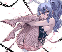 Rule 34 | 1girl, animal ears, artist name, black nails, blue hair, chain, dr altruist, fishnet pantyhose, fishnets, leg up, leotard, original, pantyhose, parted lips, petals, playboy bunny, purple eyes, rabbit ears, rabbit tail, saki (the atko), sitting, solo, star-shaped pupils, star (symbol), symbol-shaped pupils, tail, torn clothes, torn pantyhose