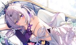 1girl bare_shoulders breasts castorice_(honkai:_star_rail) clothing_cutout commentary_request couch dress flower hair_flower hair_ornament highres honkai:_star_rail honkai_(series) looking_at_viewer lying medium_breasts on_couch on_side parted_lips pointy_ears purple_eyes purple_hair purple_hands ranran_3939 solo stomach_cutout tiara white_dress